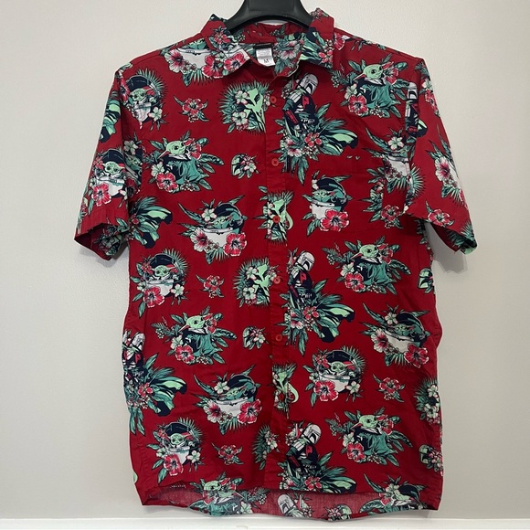 🌺 Star Wars Hawaiian Shirt – Grogu Baby Yoda Mando Print Red Button Up - Picture 3 of 10
